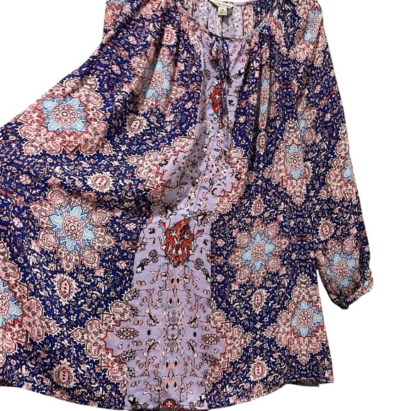 Lucky Brand 1X Plus Size Bollywood Bohemian Floral Long Sleeve Tassel Blouse Y9 - Picture 7 of 8